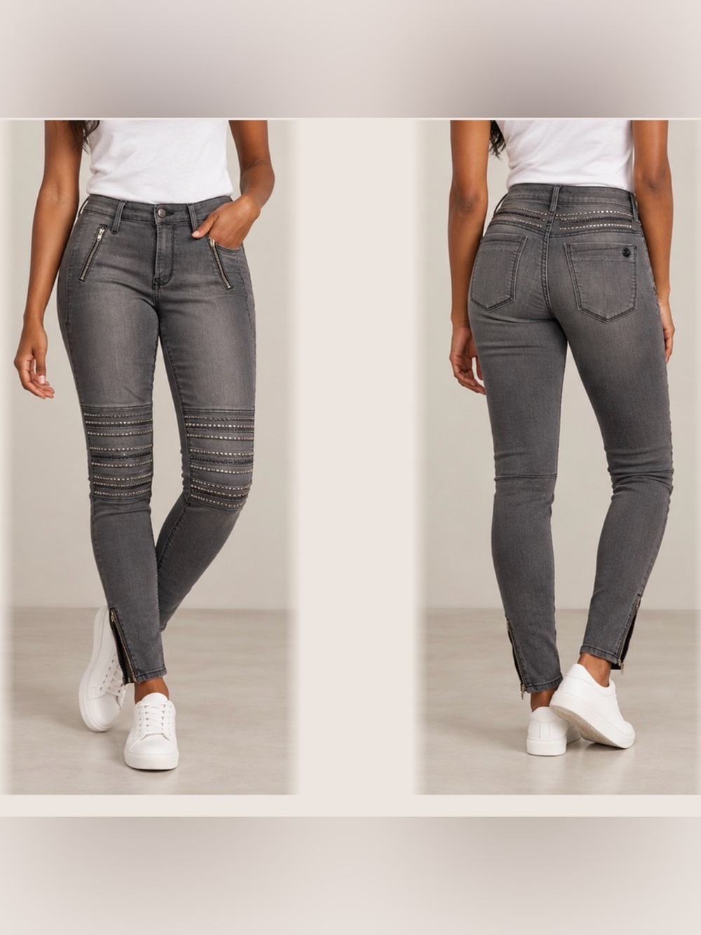 Black Orchid Studded Moto Skinny Jeans Gray Silver Zip Hem Size 29